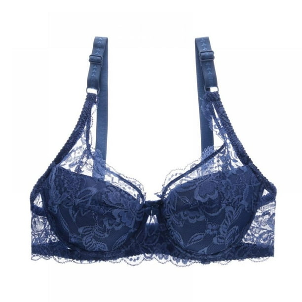 Women Bras Push Up Lace Bra 3/4 Cup Underwire Breathable Cotton Underwear,C,44 Dark Blue 